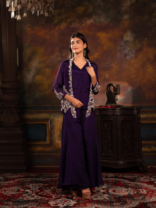 Sequin & Pearl Embroidered Jacket, Sleeveless Vest & Flared Palazzo Indo-Western Set