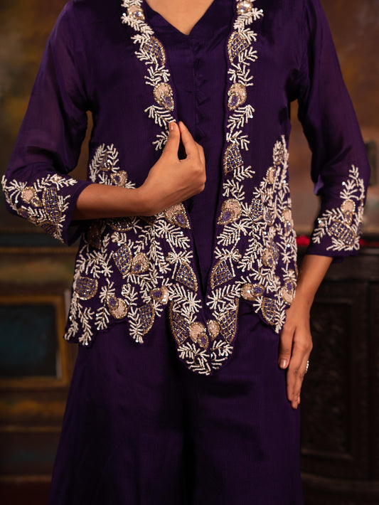 Sequin & Pearl Embroidered Jacket, Sleeveless Vest & Flared Palazzo Indo-Western Set