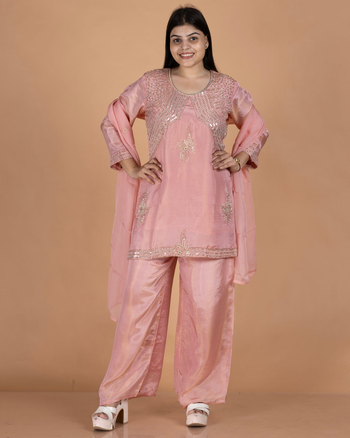 Short Embellished Kurti Set with Embellished Sleeves & Organza Dupatta