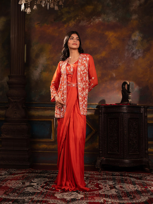 Sequin Embroidered Jacket, Blouse & Pre-Draped Saree Skirt Set with Belt