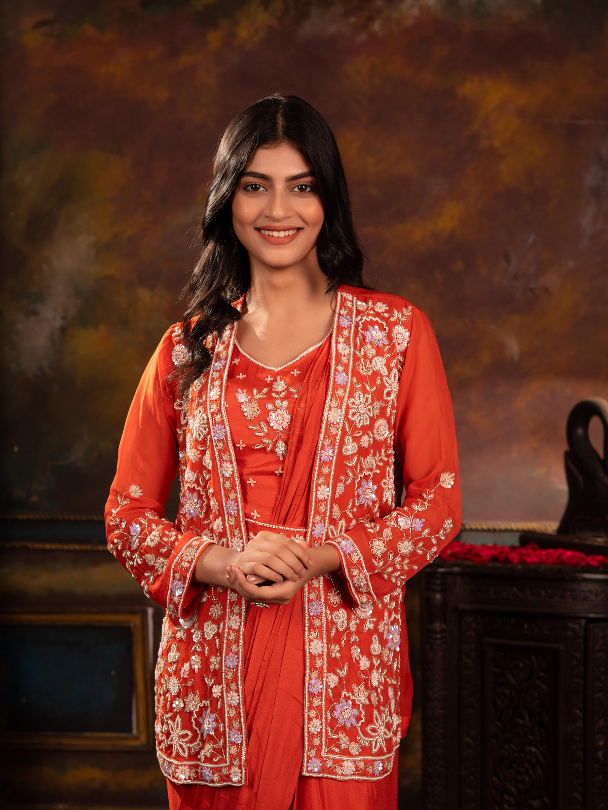 Sequin Embroidered Jacket, Blouse & Pre-Draped Saree Skirt Set with Belt