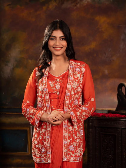 Sequin Embroidered Jacket, Blouse & Pre-Draped Saree Skirt Set with Belt