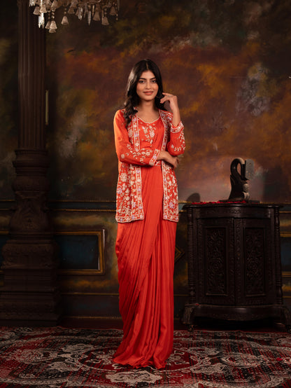 Sequin Embroidered Jacket, Blouse & Pre-Draped Saree Skirt Set with Belt