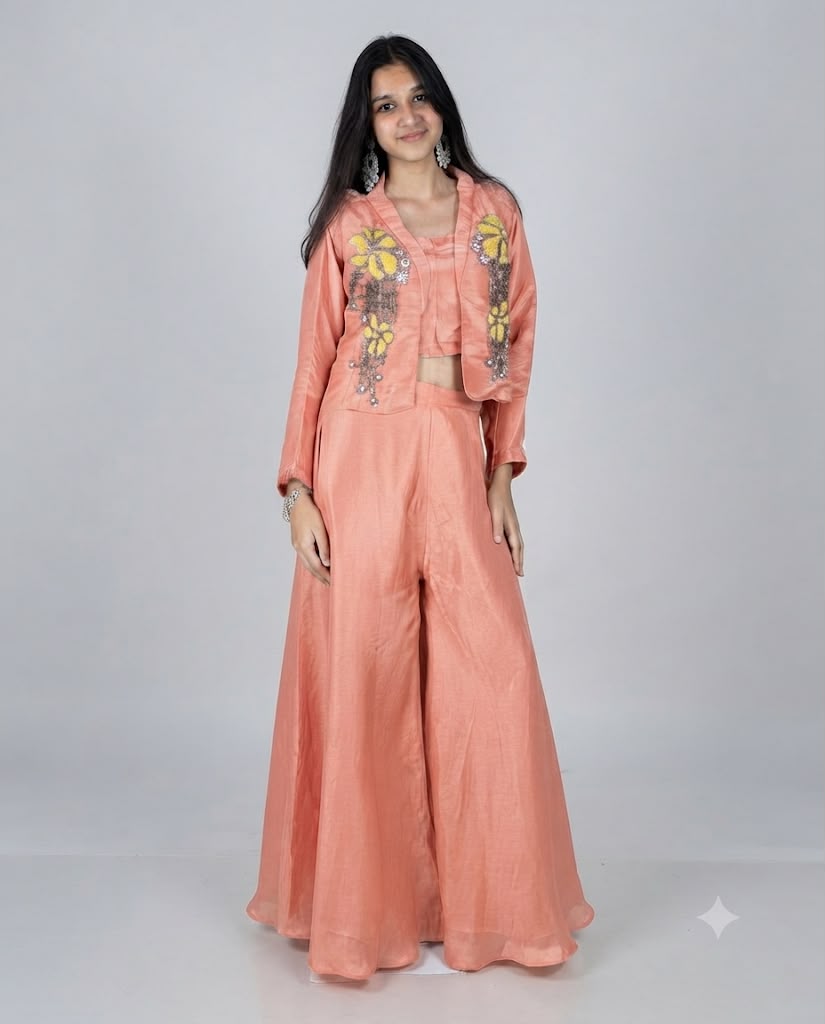 High-Low Jacket Set with Patch & Material Work, Bustier, and Kali Pants