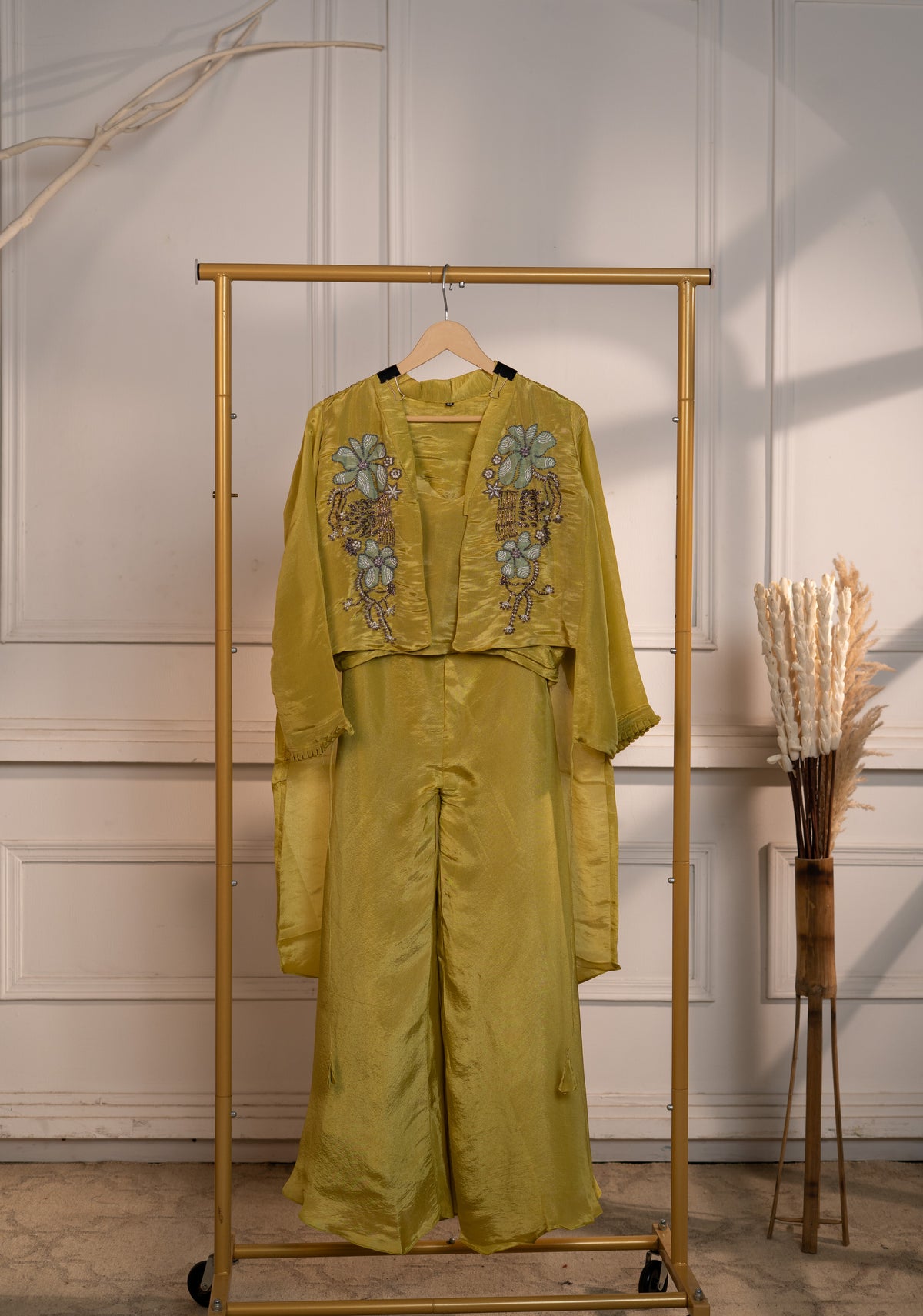 High-Low Jacket Set with Patch & Material Work, Bustier, and Kali Pants