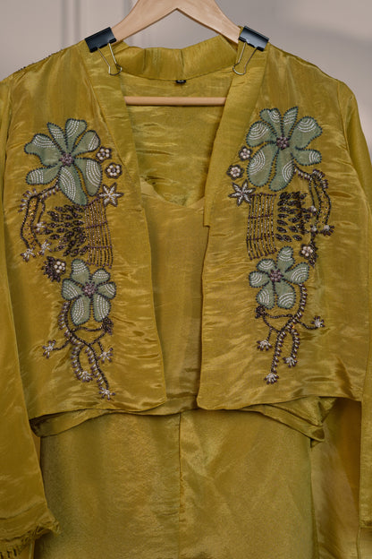 High-Low Jacket Set with Patch & Material Work, Bustier, and Kali Pants