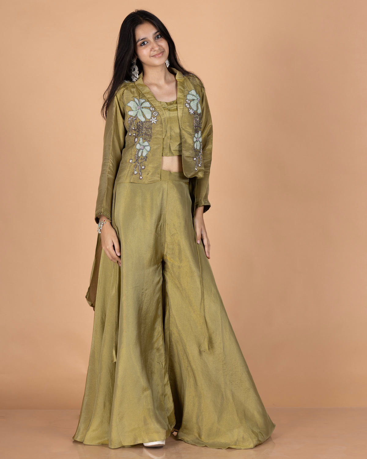 High-Low Jacket Set with Patch & Material Work, Bustier, and Kali Pants