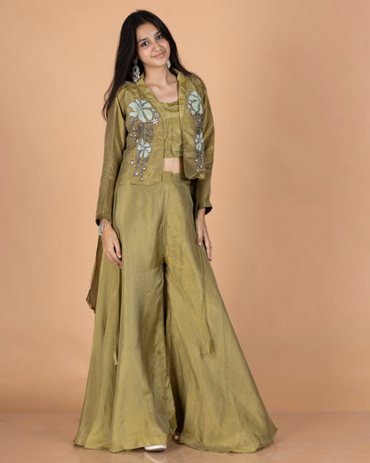 High-Low Jacket Set with Patch & Material Work, Bustier, and Kali Pants