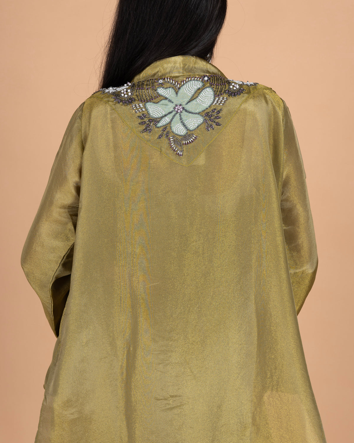 High-Low Jacket Set with Patch & Material Work, Bustier, and Kali Pants