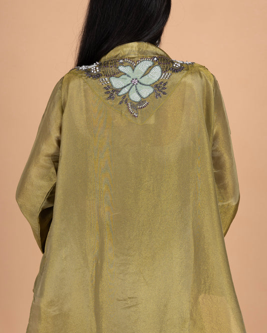 High-Low Jacket Set with Patch & Material Work, Bustier, and Kali Pants