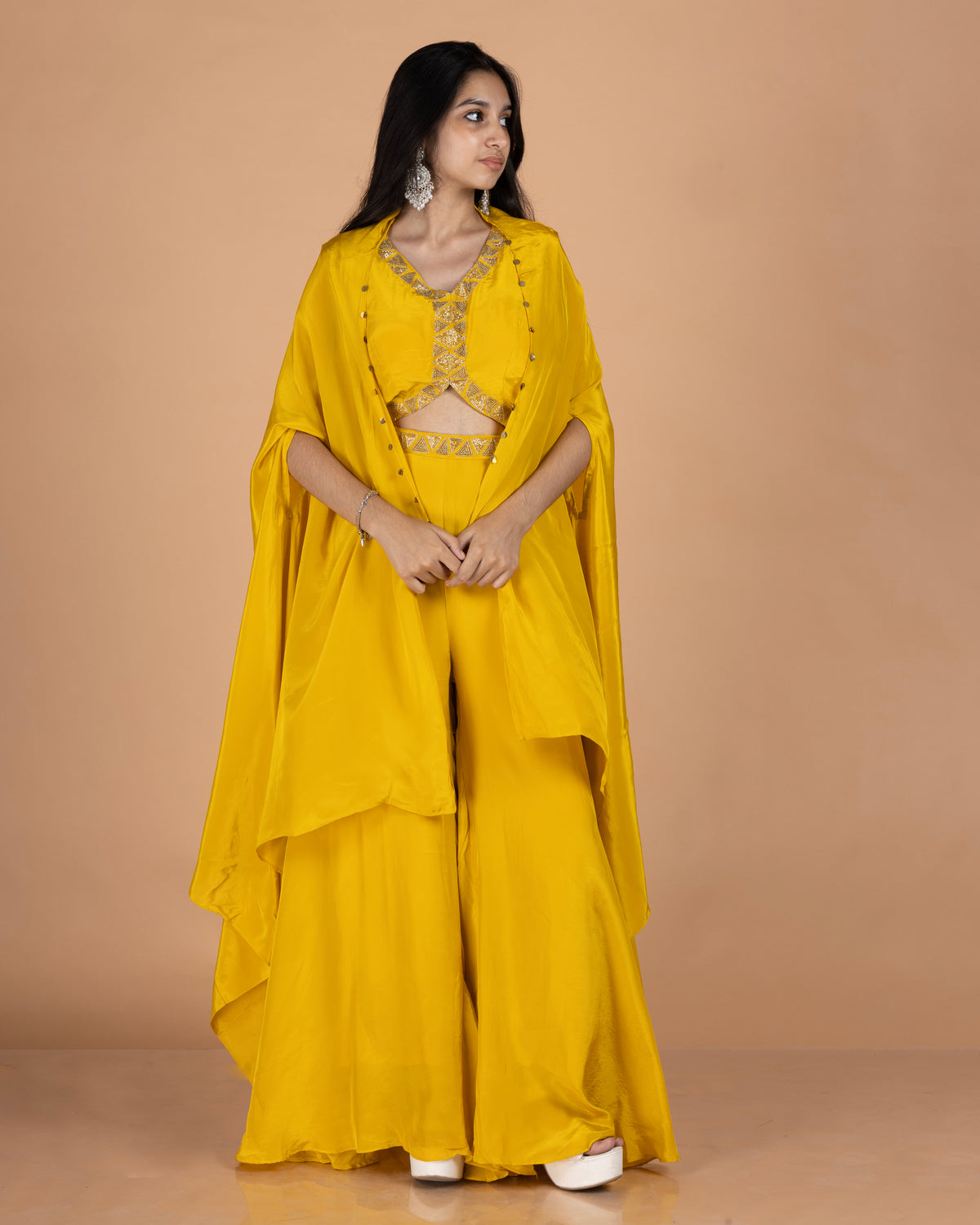 Crepe Indo-Western Set with Coin Tassel Cape, Embellished Blouse & Sharara Pants