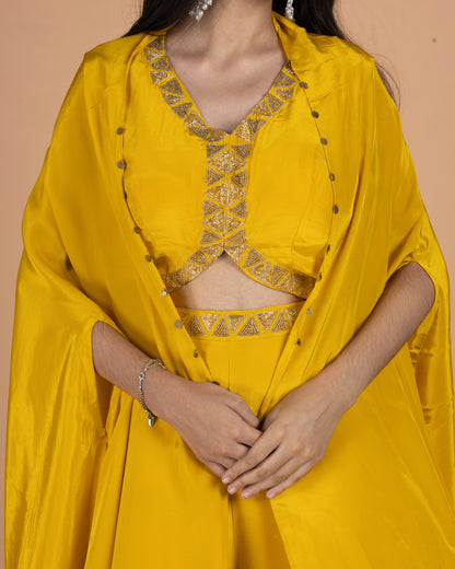 Crepe Indo-Western Set with Coin Tassel Cape, Embellished Blouse & Sharara Pants