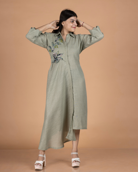 Linen Asymmetric Shirt Dress with Floral Appliqué Embroidery
