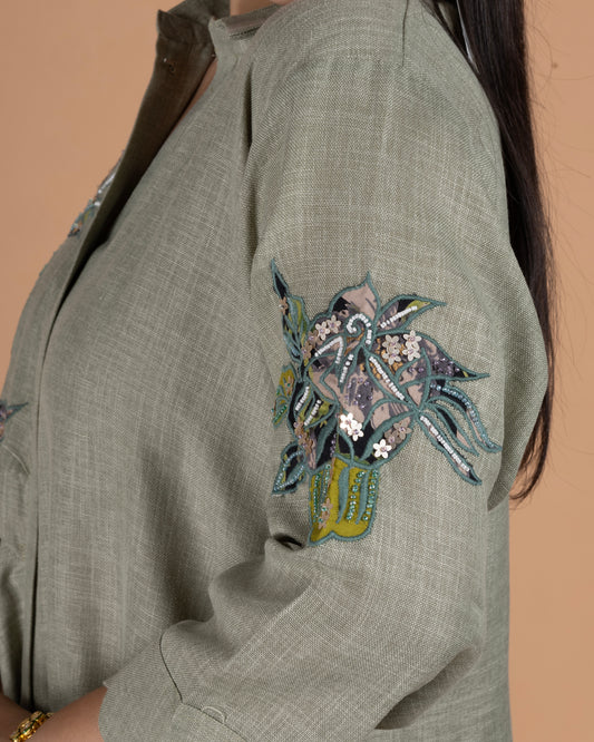Linen Asymmetric Shirt Dress with Floral Appliqué Embroidery