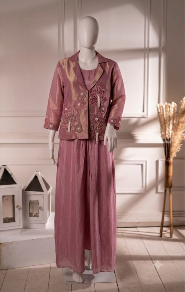 Crepe One-Piece Tunic with Tissue Jacket Featuring Applique Work & Pearl Tassels