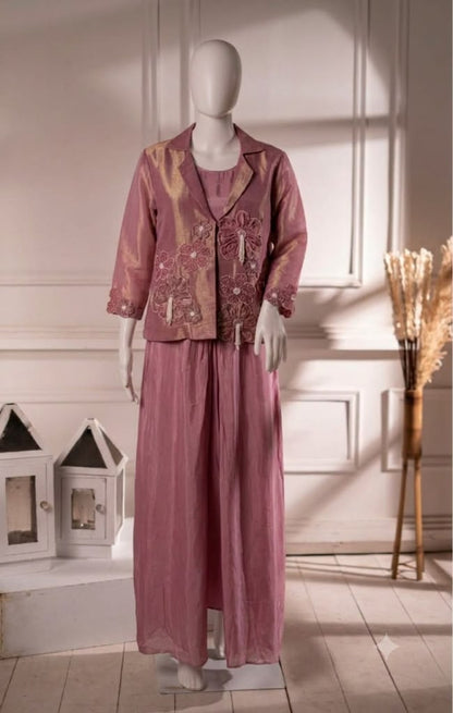 Crepe One-Piece Tunic with Tissue Jacket Featuring Applique Work & Pearl Tassels