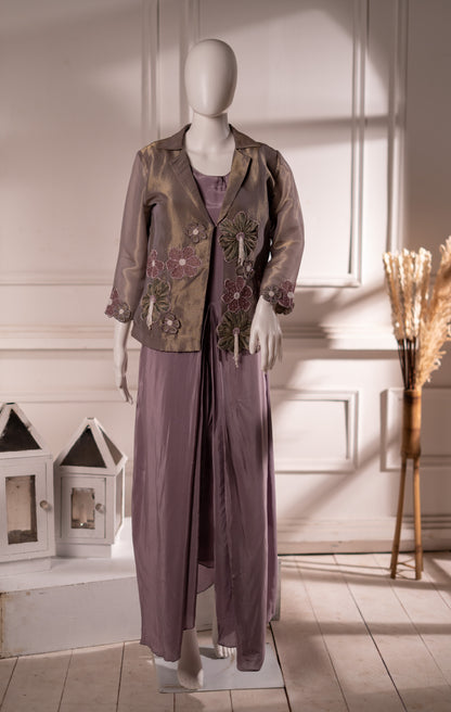 Crepe One-Piece Tunic with Tissue Jacket Featuring Applique Work & Pearl Tassels