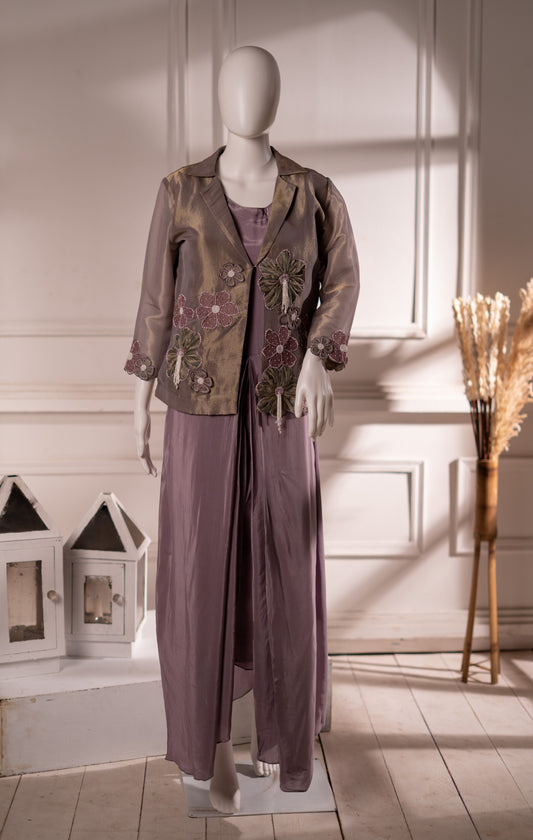 Crepe One-Piece Tunic with Tissue Jacket Featuring Applique Work & Pearl Tassels