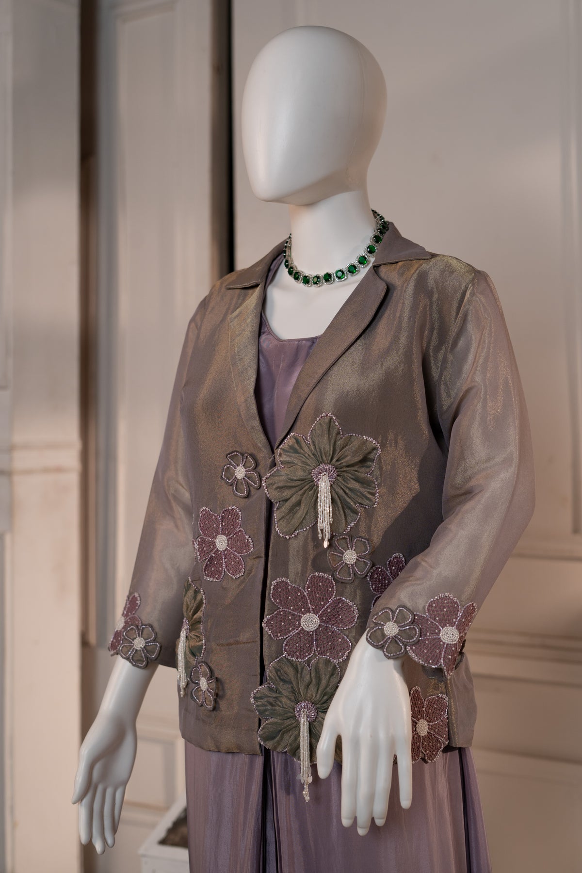 Crepe One-Piece Tunic with Tissue Jacket Featuring Applique Work & Pearl Tassels
