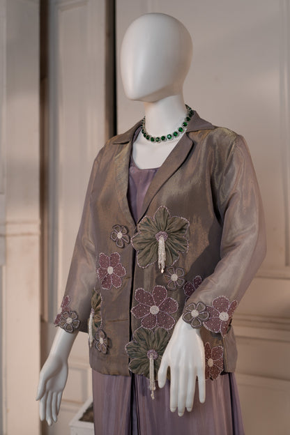 Crepe One-Piece Tunic with Tissue Jacket Featuring Applique Work & Pearl Tassels