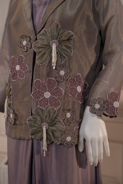 Crepe One-Piece Tunic with Tissue Jacket Featuring Applique Work & Pearl Tassels