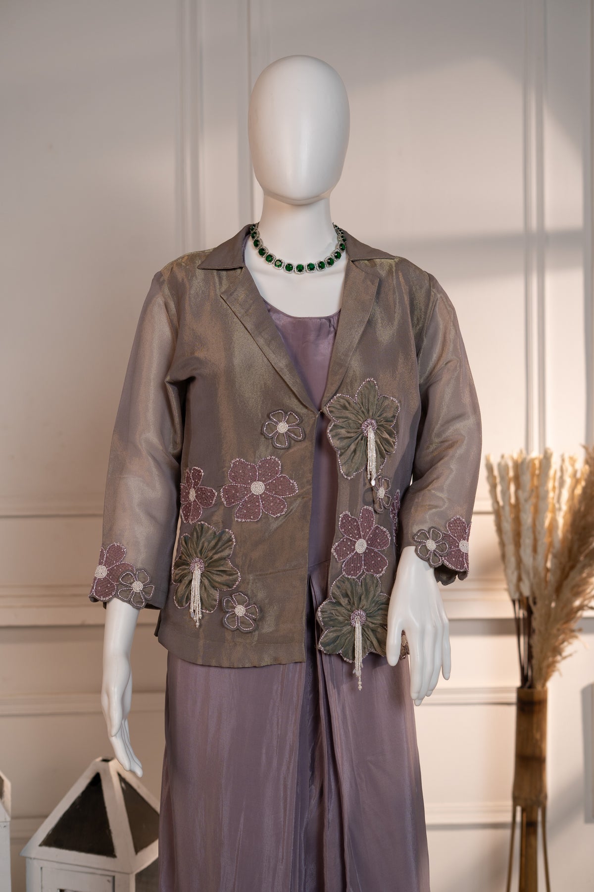 Crepe One-Piece Tunic with Tissue Jacket Featuring Applique Work & Pearl Tassels