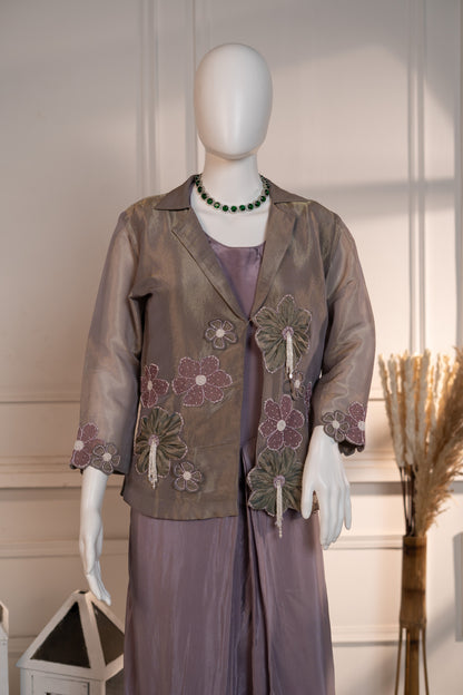 Crepe One-Piece Tunic with Tissue Jacket Featuring Applique Work & Pearl Tassels