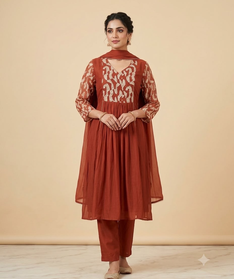 Printed Pure Mul Chanderi A-Line Kurti Set with French Knot Yoke & Matching Dupatta