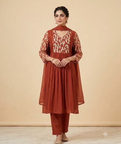 Printed Pure Mul Chanderi A-Line Kurti Set with French Knot Yoke & Matching Dupatta