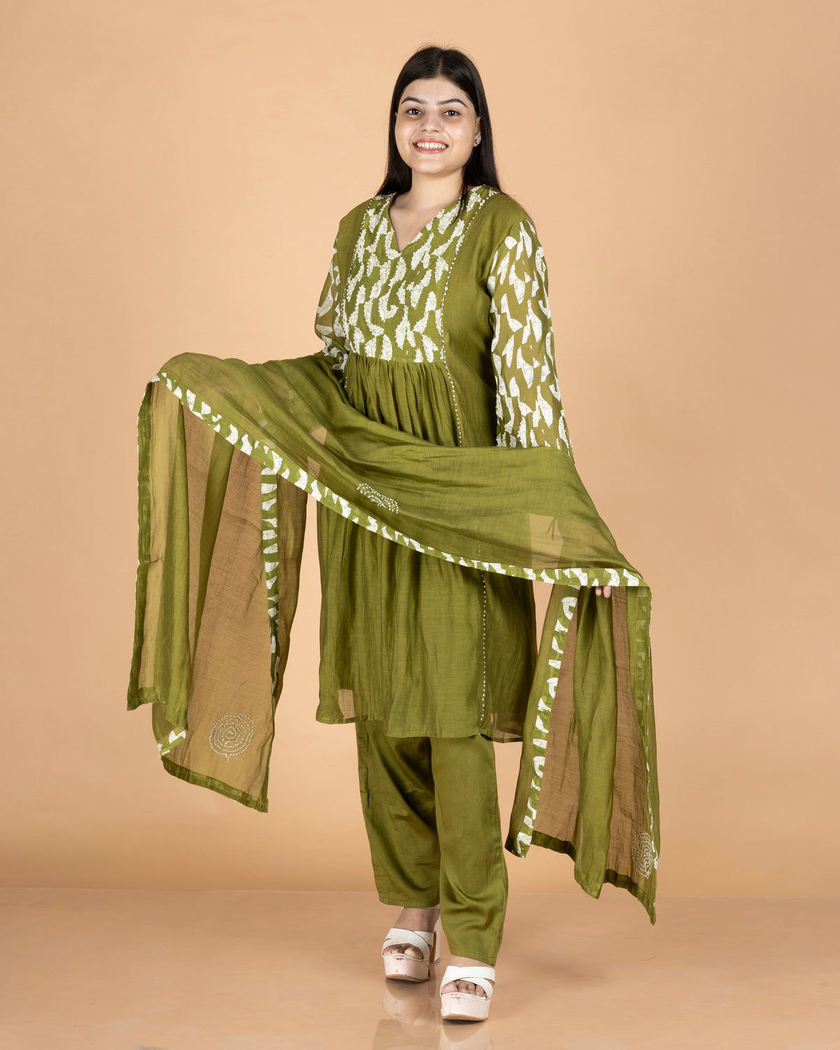 Printed Pure Mul Chanderi A-Line Kurti Set with French Knot Yoke & Matching Dupatta