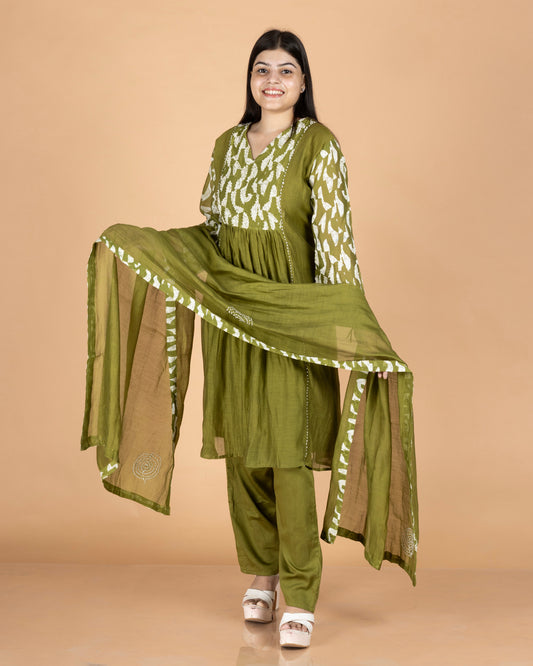 Printed Pure Mul Chanderi A-Line Kurti Set with French Knot Yoke & Matching Dupatta