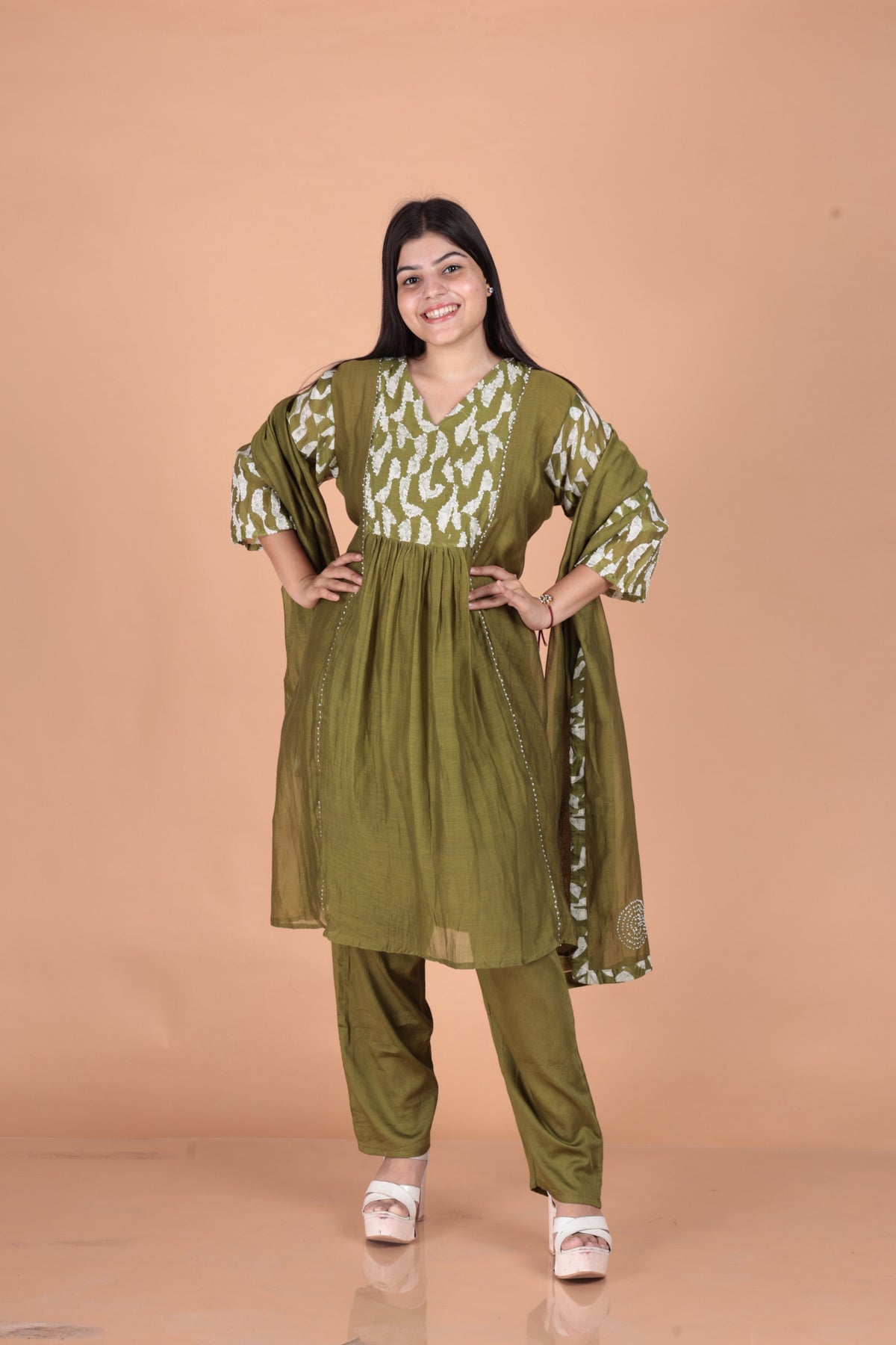 Printed Pure Mul Chanderi A-Line Kurti Set with French Knot Yoke & Matching Dupatta