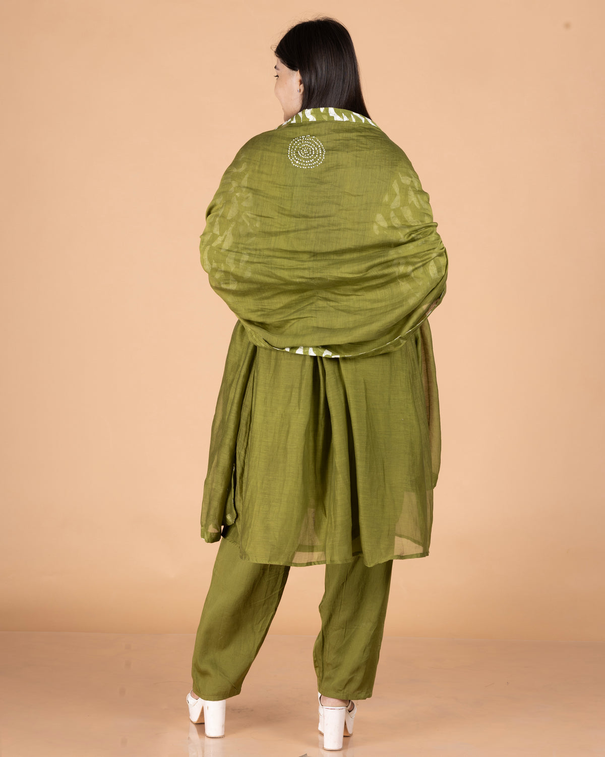 Printed Pure Mul Chanderi A-Line Kurti Set with French Knot Yoke & Matching Dupatta