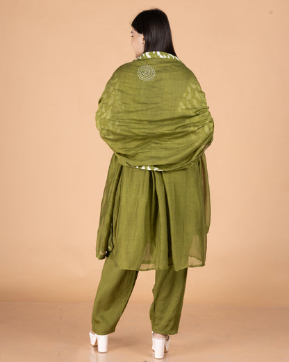Printed Pure Mul Chanderi A-Line Kurti Set with French Knot Yoke & Matching Dupatta
