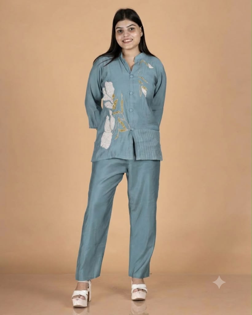 Mul Co-Ord Set with Artistic Patchwork, Pintucks & Straight Trousers
