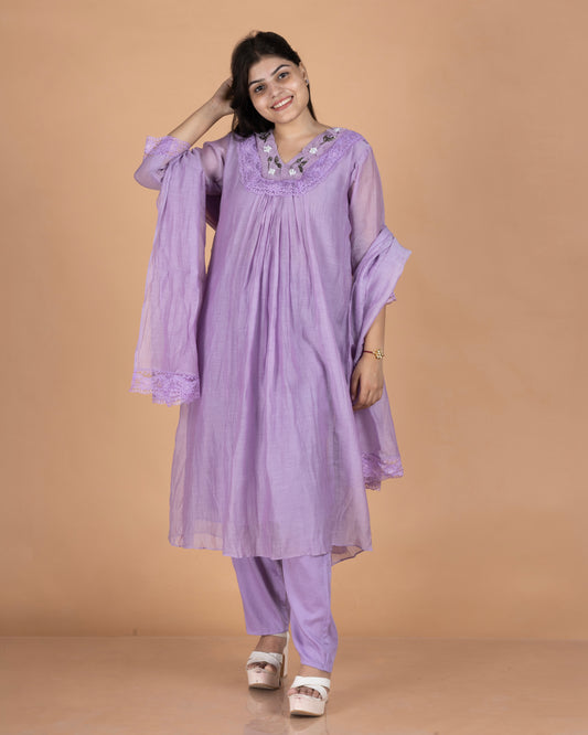 Pure Mul A-Line Kurta Set with Lace Trimmed Floral Yoke in Soft Lavender