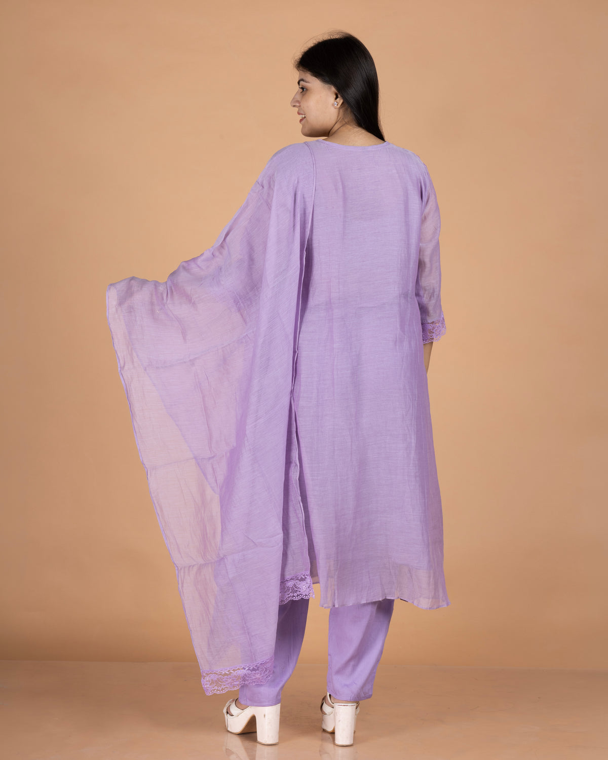 Pure Mul A-Line Kurta Set with Lace Trimmed Floral Yoke in Soft Lavender