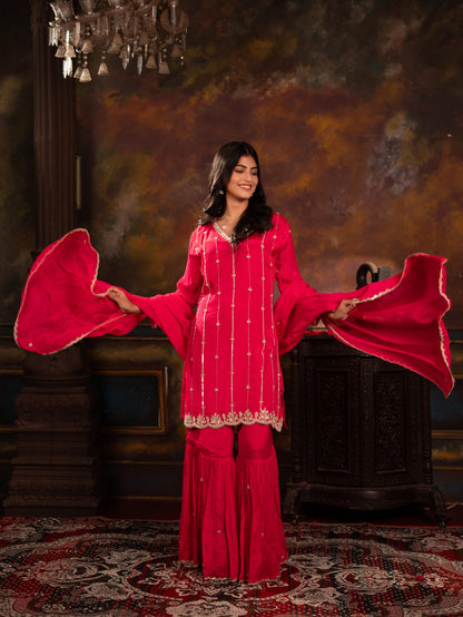 Sequined & Cutdana Hand-Embroidered Chinon Straight Kurta Sharara Set