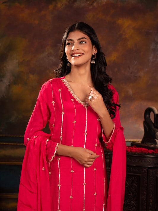 Sequined & Cutdana Hand-Embroidered Chinon Straight Kurta Sharara Set