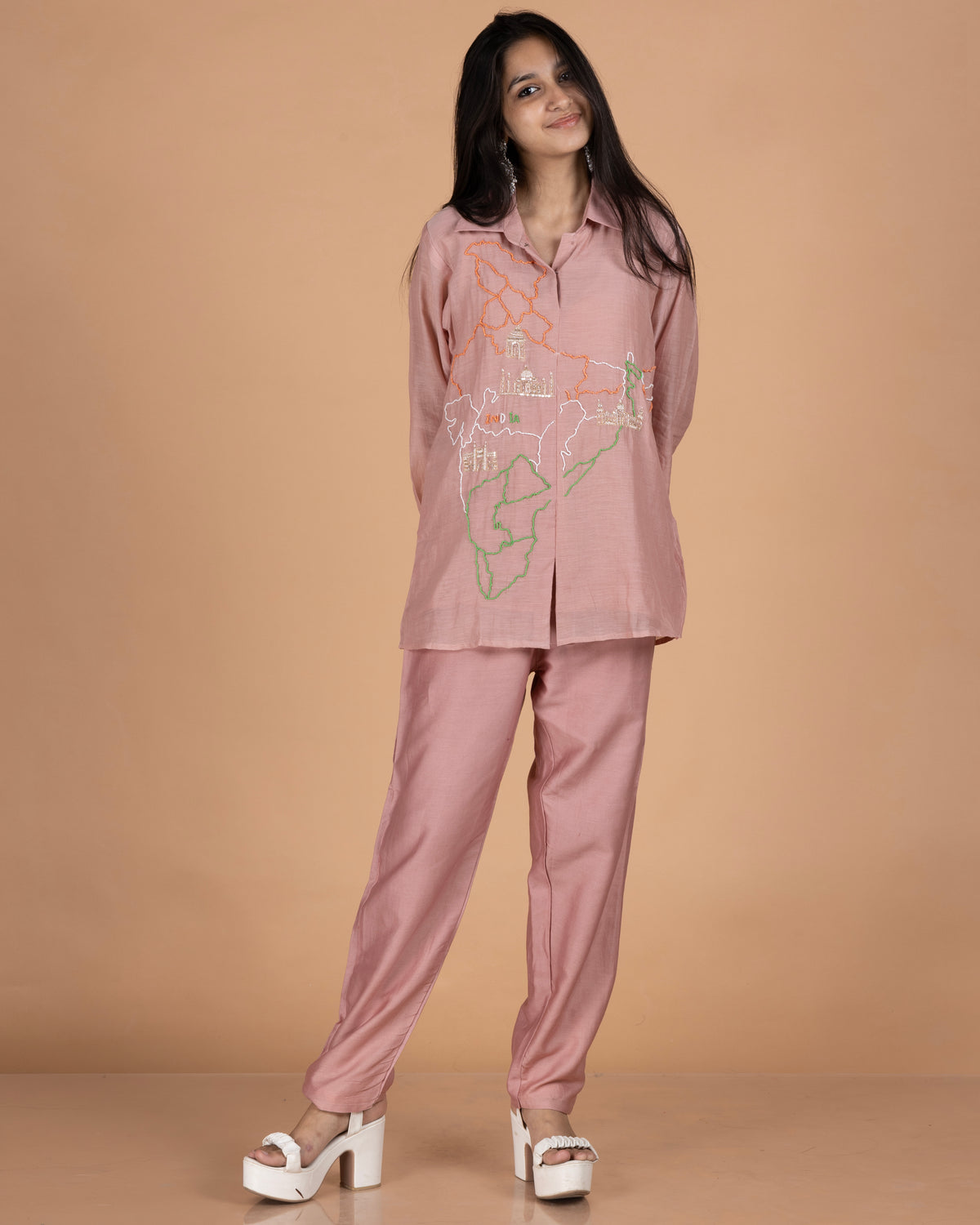 Pure Mul Co-Ord Set with India Map Beadwork & Sequin Heritage Motifs in Dusty Rose