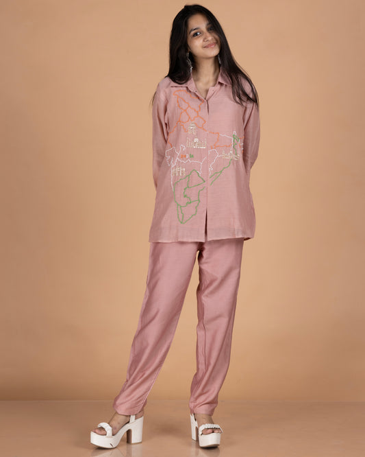 Pure Mul Co-Ord Set with India Map Beadwork & Sequin Heritage Motifs in Dusty Rose
