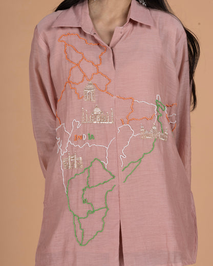 Pure Mul Co-Ord Set with India Map Beadwork & Sequin Heritage Motifs in Dusty Rose