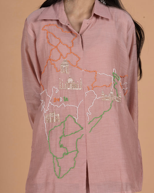 Pure Mul Co-Ord Set with India Map Beadwork & Sequin Heritage Motifs in Dusty Rose