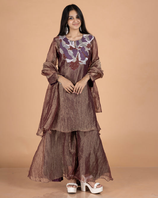 Crush Tissue Kurti Set with Abstract Appliqué Yoke & Palazzo in Metallic Bronze