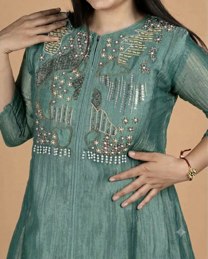Fancy Embellished Yoke Crush Tissue Anarkali Set