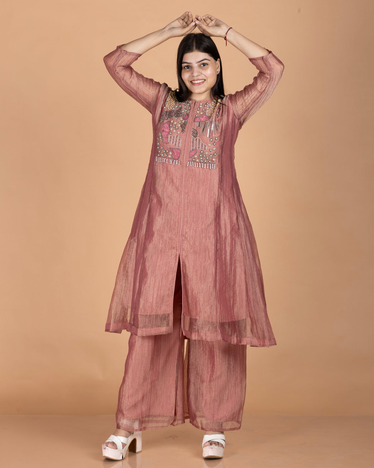 Fancy Embellished Yoke Crush Tissue Anarkali Set
