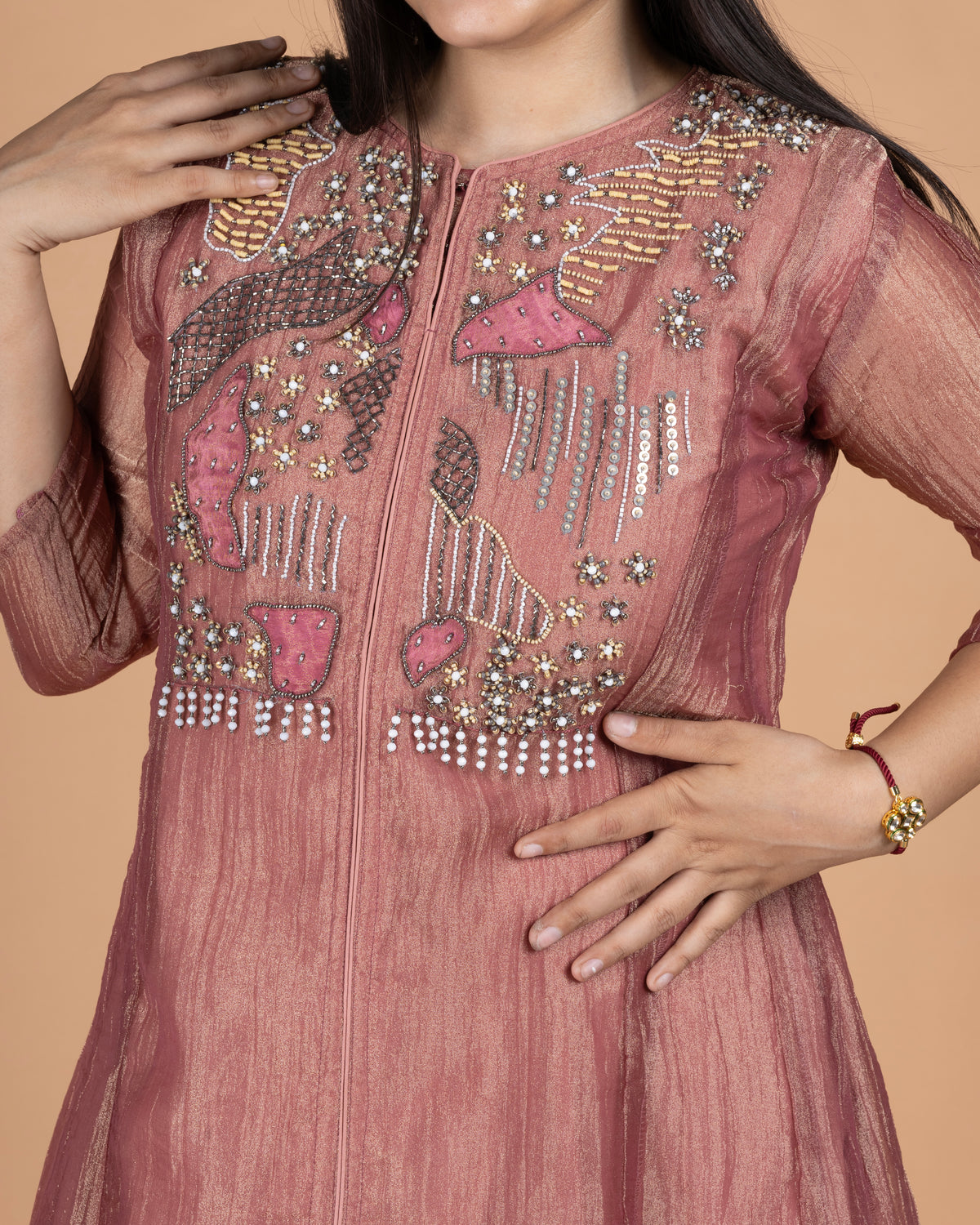Fancy Embellished Yoke Crush Tissue Anarkali Set