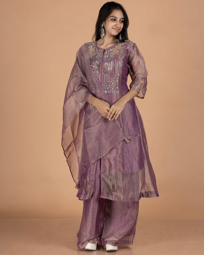 Fancy Embellished Yoke Crush Tissue Anarkali Set