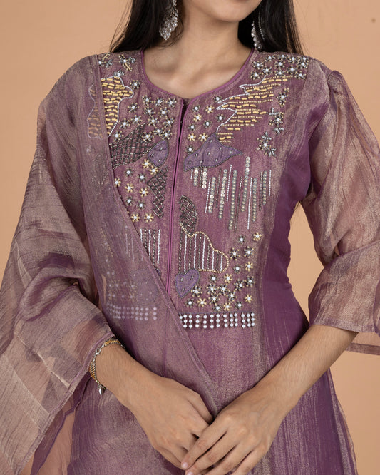 Fancy Embellished Yoke Crush Tissue Anarkali Set