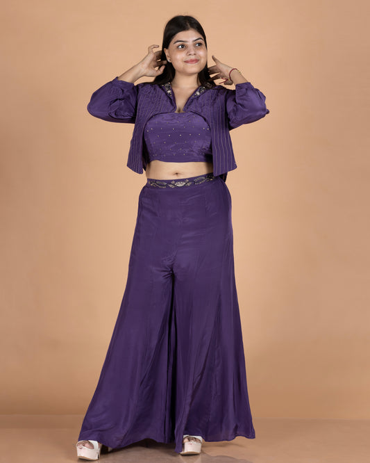 Crepe Indo-Western Set with Pintuck Cropped Jacket, Sweetheart Blouse & Kali Pants
